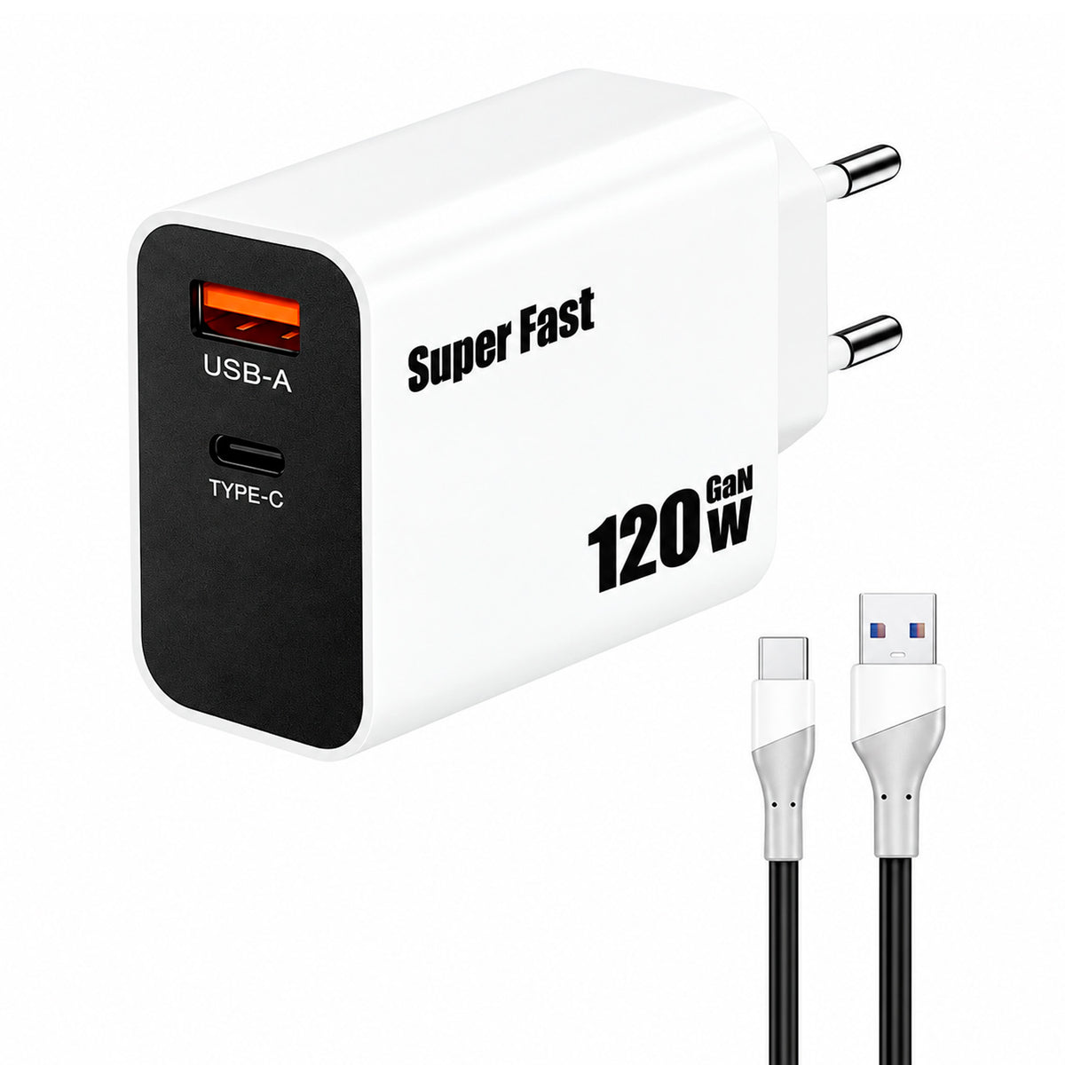 Cargador Carga Rapida 120W GaN 2 Puertos USB-C USB-A 1m