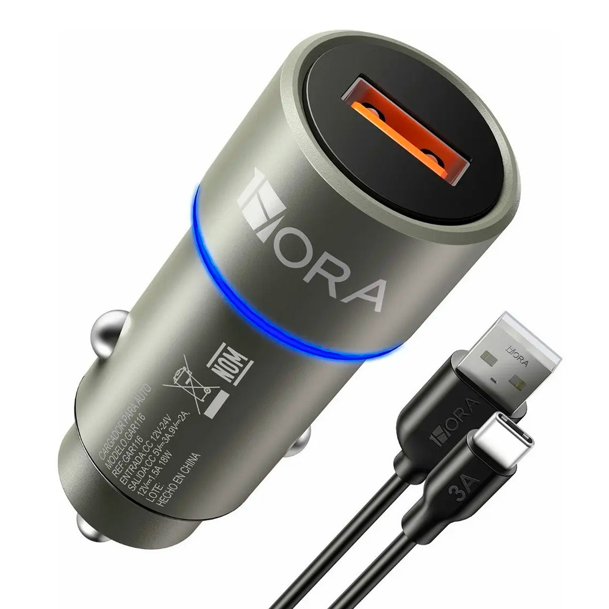 Cargador Auto 1Hora GAR116 18W QC 3.0 Con Cable USB-C 1m