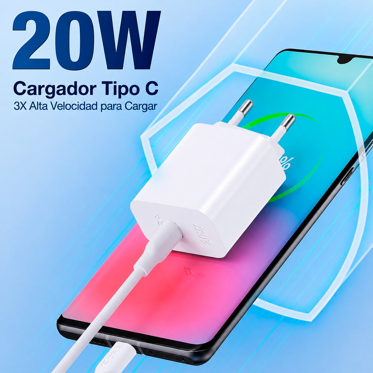 Cargador Rapido 1Hora GAR153-EU 20W USB-C a 3A con Cable 1m