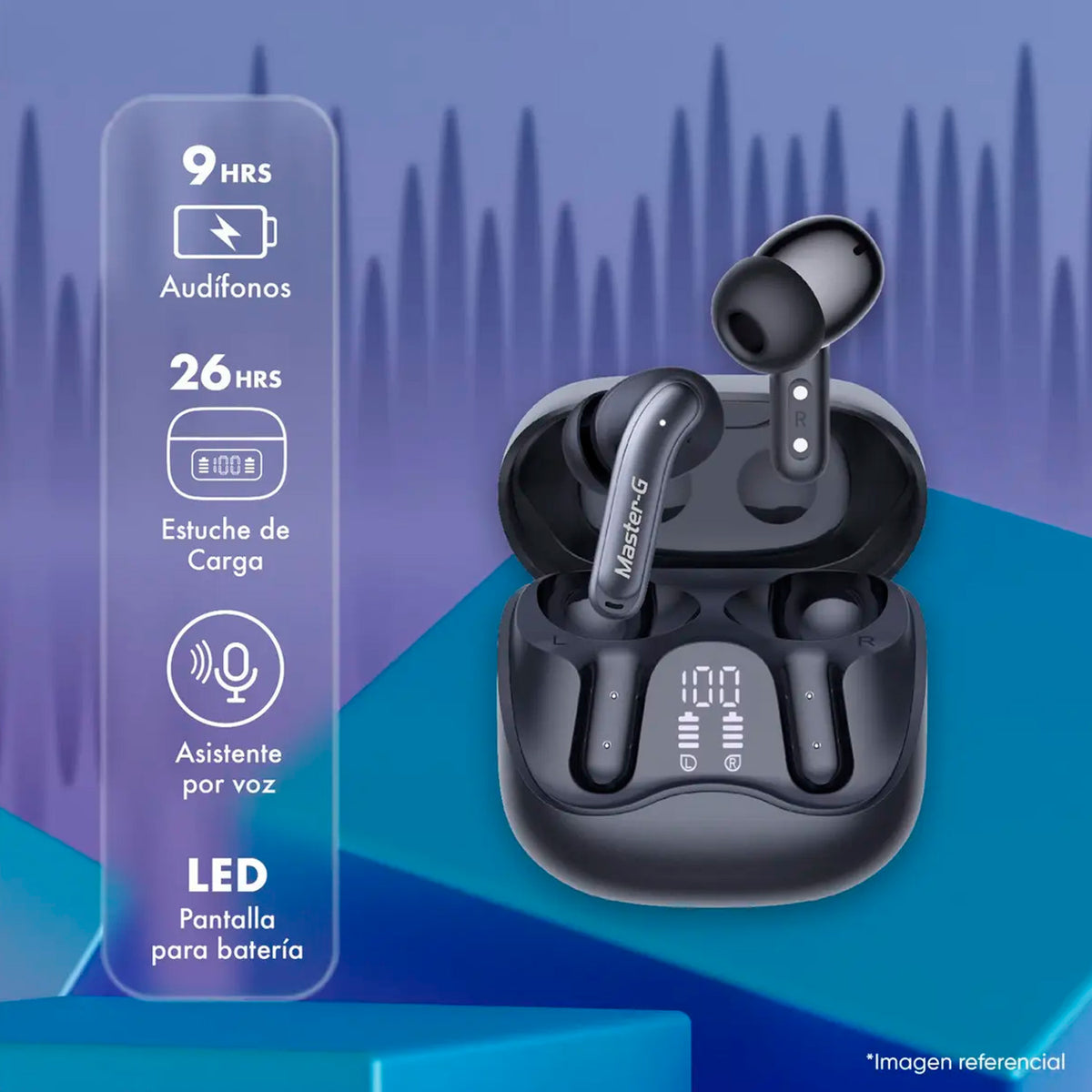 Audífonos Bluetooth 5.4 Master-G MGBUDS60B TWS ANC Game Mode App Estuche LED 35 Horas