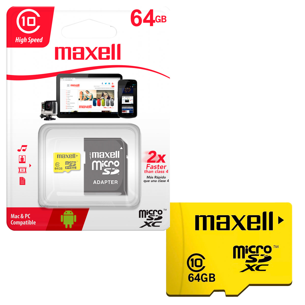 Tarjeta de Memoria MicroSD 64GB Maxell SDXC Clase 10 + Adaptador UHS-1 90MB/s Multiples Usos