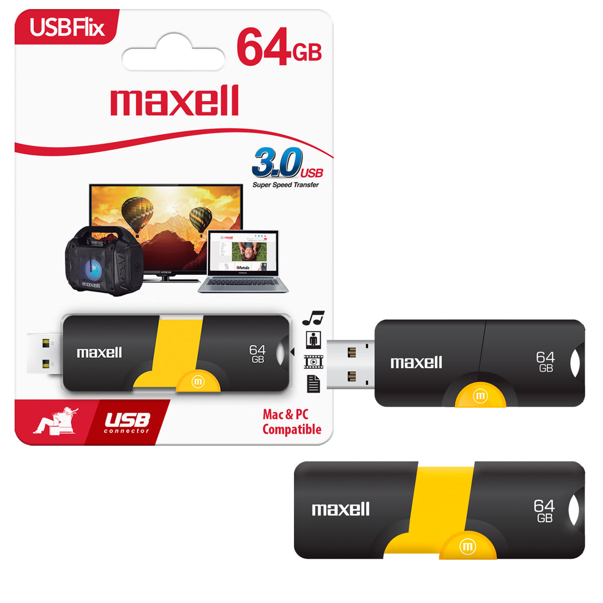 Pendrive USB 3.0 64GB Maxell Flix Diseño Retractil Compatible MAC y Windows Rapida Transferencia
