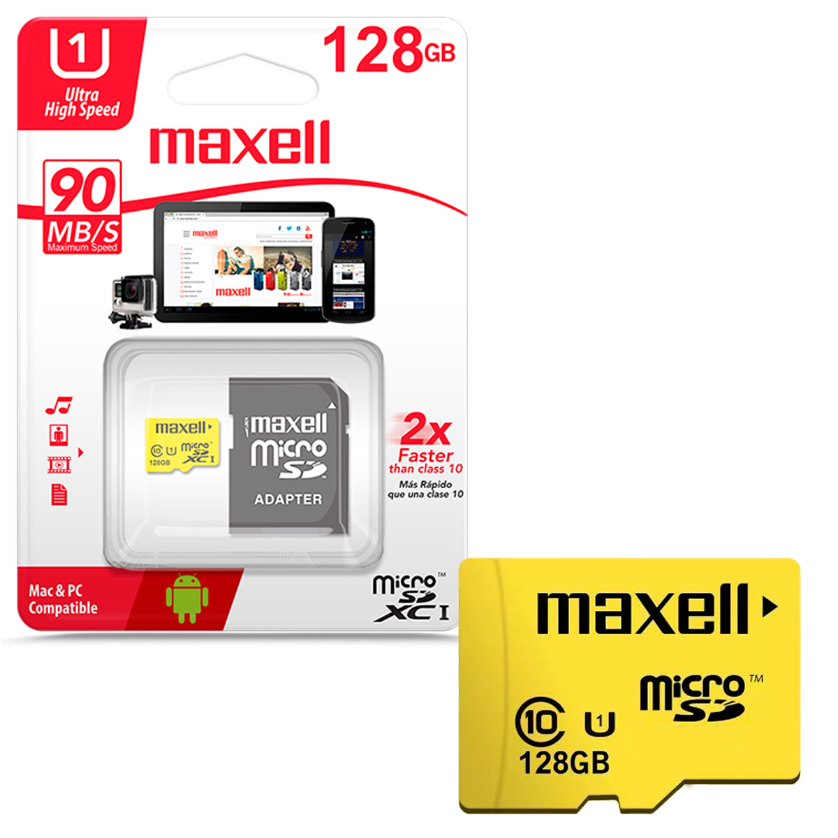 Tarjeta de Memoria MicroSD 128GB Maxell SDXC Clase 10 + Adaptador V10 90MB/s Multiples Usos