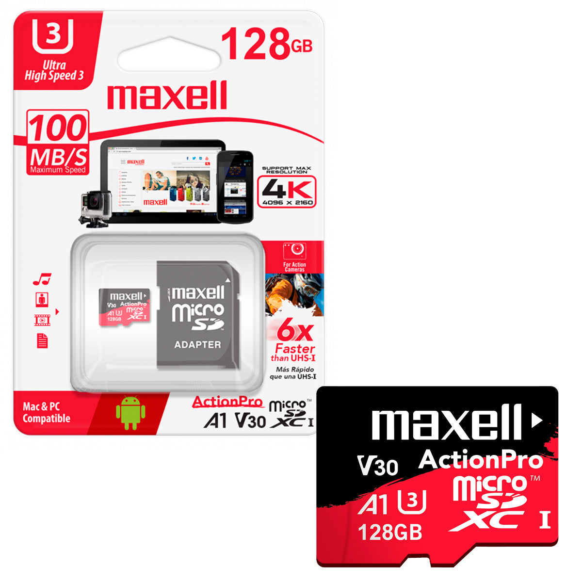 Tarjeta de Memoria MicroSD 128GB Maxell SDXC Clase 10 + Adaptador UHS3 4K 100MB/s Multiples Usos