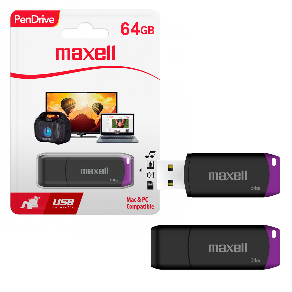 Pendrive USB 64GB Maxell USBPD-64 Con Tapadera de Protección Compatible MAC y Windows Uso General
