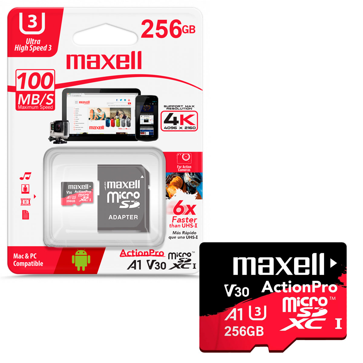 Tarjeta de Memoria MicroSD 256GB Maxell SDXC Clase 10 + Adaptador UHS3 4K 100MB/s Multiples Usos
