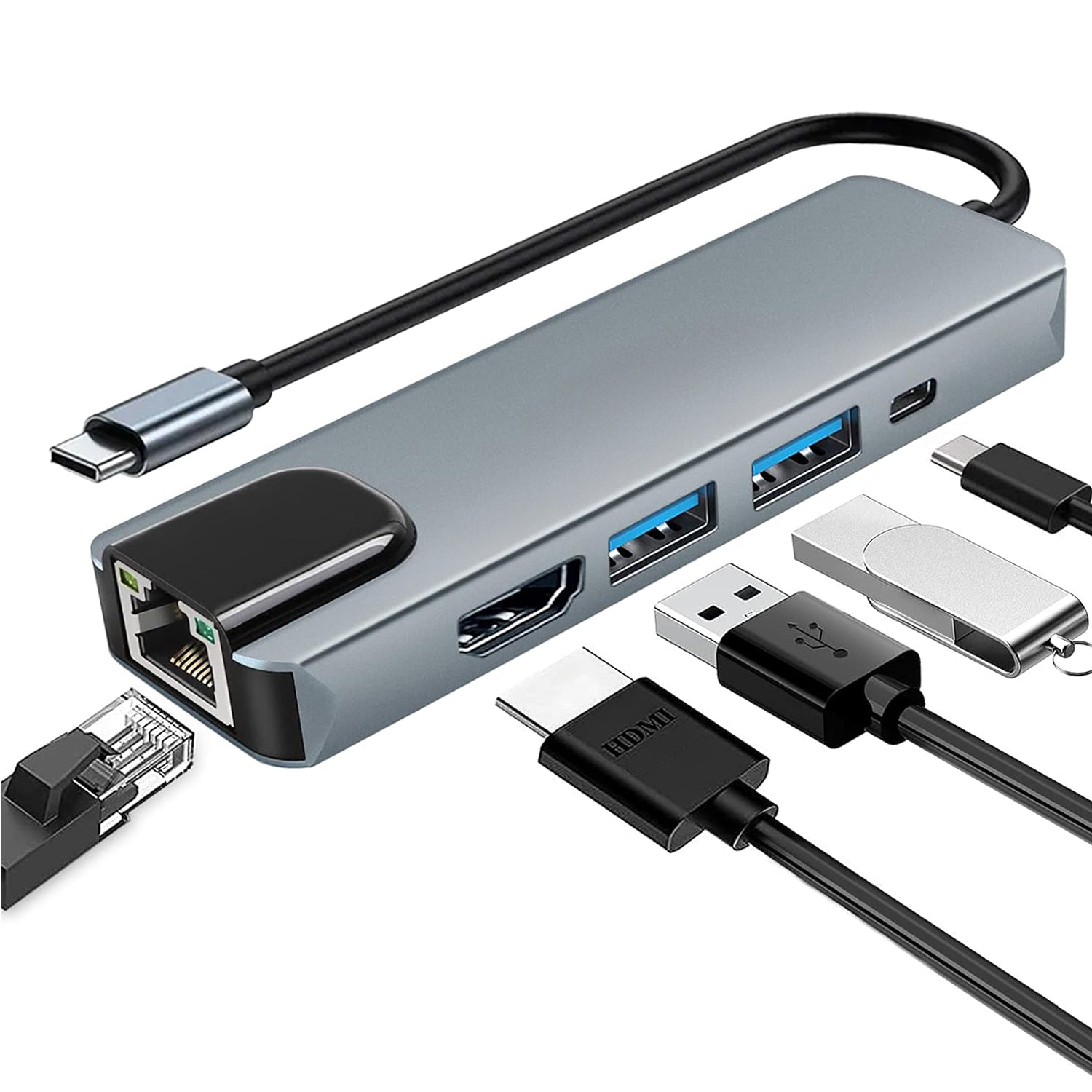 Adaptador Hub USB-C 5 en 1 Multipuerto HDTV 4K / RJ45 / USB 3.0 / USB-C PD 65W