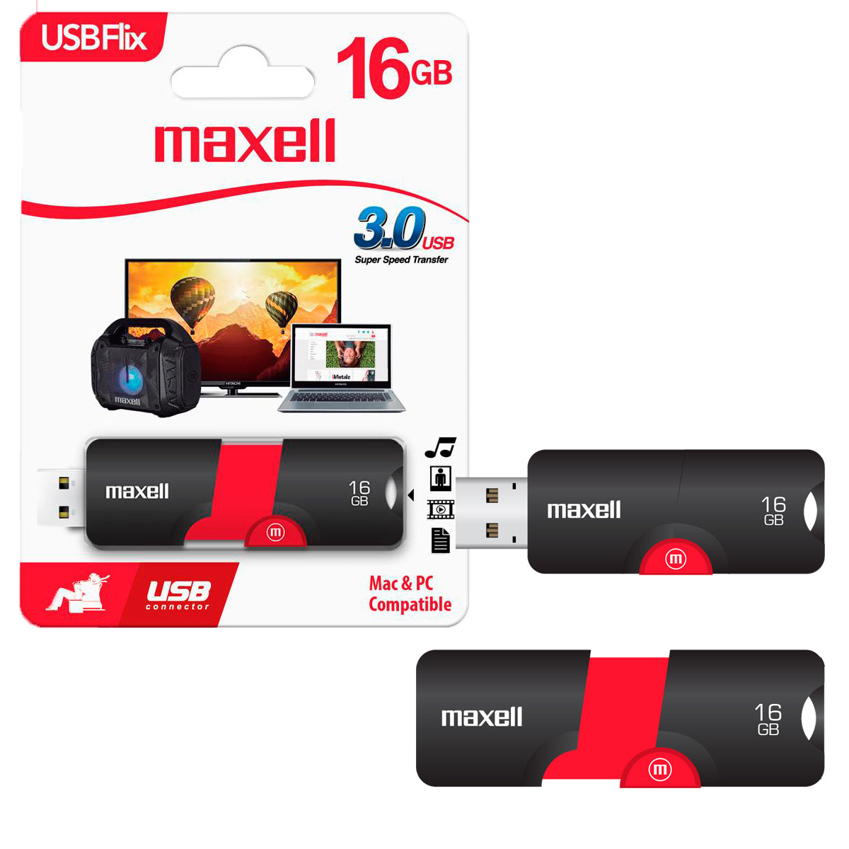 Pendrive USB 3.0 16GB Maxell Flix Diseño Retractil Compatible MAC y Windows Rapida Transferencia