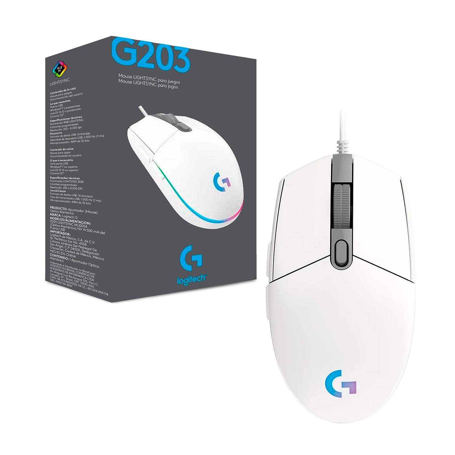 Mouse Gamer USB Logitech G203 Lightsync 16.8M Cable 2.1m Sensor Hero Ajustable 200-8000dpi 6 Botones