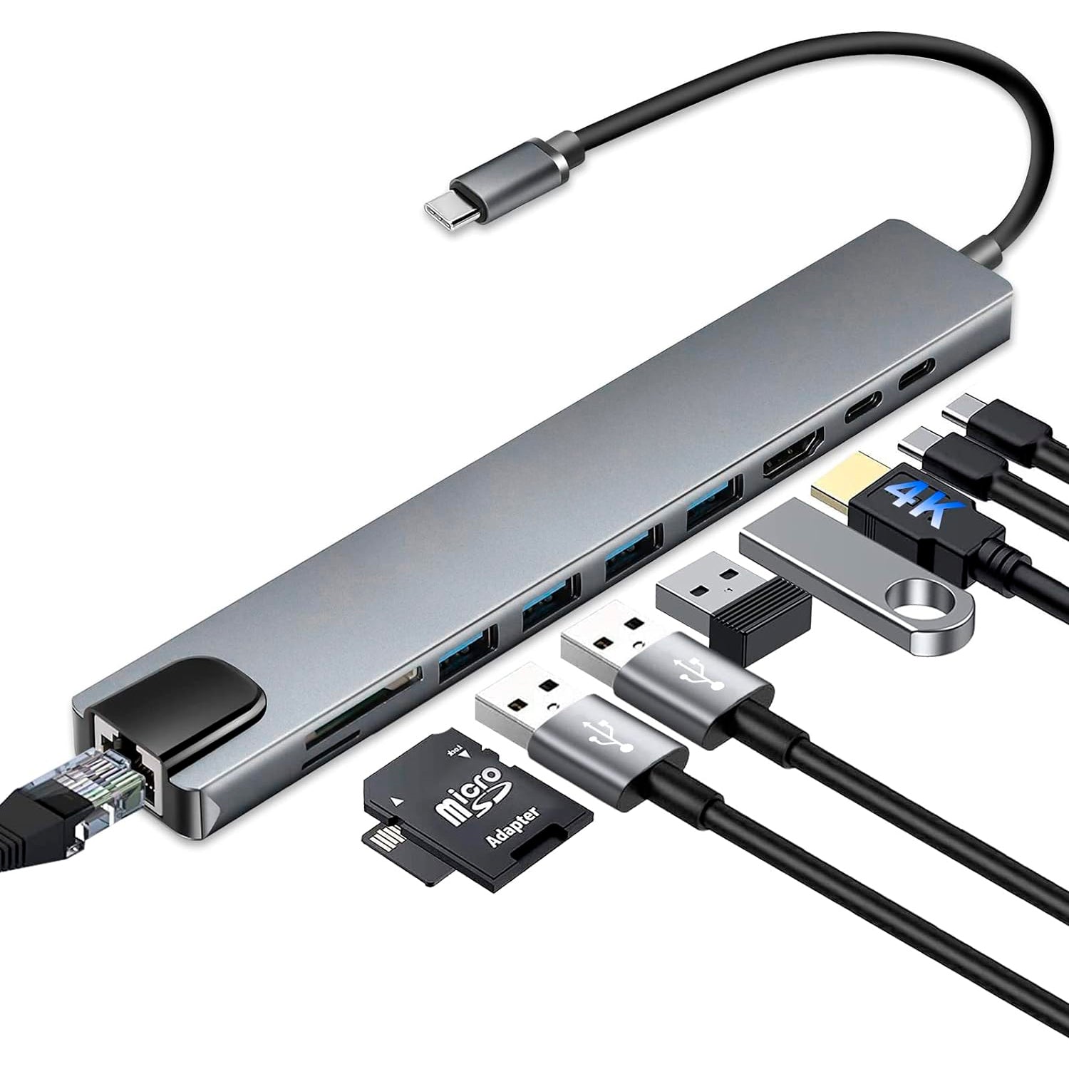 Adaptador Hub USB-C 10 en 1 Multipuerto HDMI 4K / RJ45 / USB / USB-C 3.0 / Tarjeta SD / TF / PD 100W