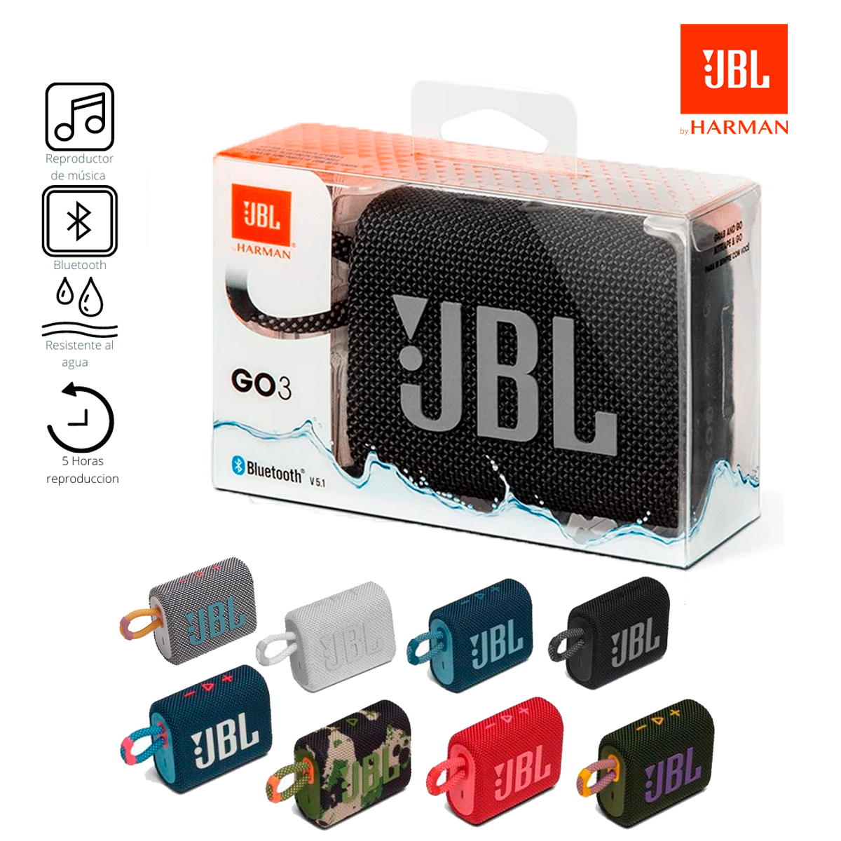 Parlante JBL GO 3 Harman Portatil Bluetooth 5.1 RMS 4.2W bateria 5 Horas Clasificacion IP67