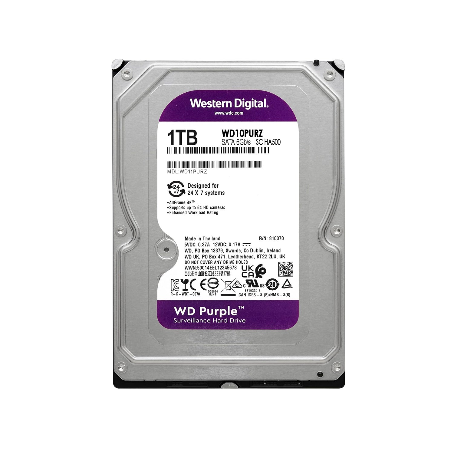 Disco Duro Interno Western Digital Purple 1TB 3.5" SATA 3 5400Rpm Cache 64MB PC/DVR/NVR [ WD10PURZ ]